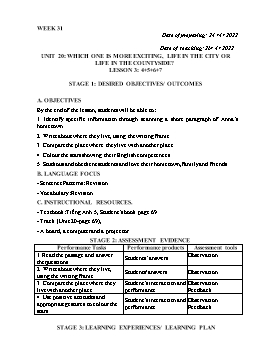 Kế hoạch bài dạy Tiếng Anh 5 - Tuần 31 - Năm học 2021-2022 - Trần Thị Hương