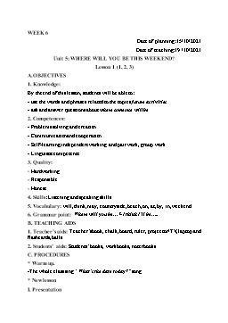 Kế hoạch bài dạy Tiếng Anh 5 - Tuần 6 - Năm học 2021-2022 - Trần Thị Hương