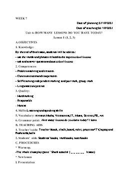 Kế hoạch bài dạy Tiếng Anh 5 - Tuần 7 - Năm học 2021-2022 - Trần Thị Hương