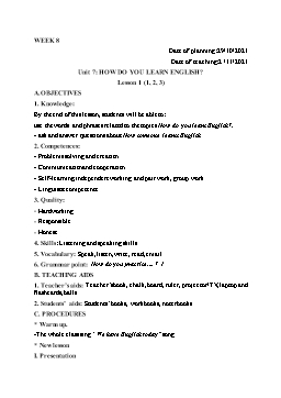 Kế hoạch bài dạy Tiếng Anh 5 - Tuần 8 - Năm học 2021-2022 - Trần Thị Hương