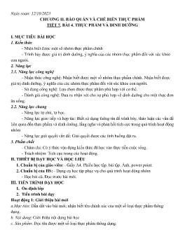 Giáo án Công nghệ 6 (Kết nối tri thức) - Chương II: Bảo quản và chế biens thực phẩm - Tiết 7, Bài 4: Thực phẩm và dinh dưỡng - Năm học 2023-2024