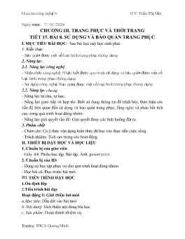 Giáo án Công nghệ 6 (Kết nối tri thức) - Tiết 15, Bài 8: Sử dụng vảo bảo quản trang phục - Năm học 2023-2024 - Trần Thị Mai