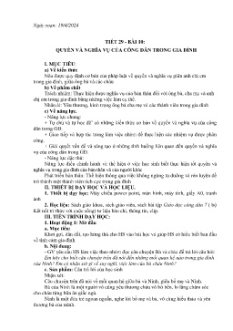 Giáo án GDCD 7 (Kết nối tri thức) - Tiết 29, Bài 10: Quyền và nghĩa vụ của công dân trong gia đình - Năm học 2023-2024