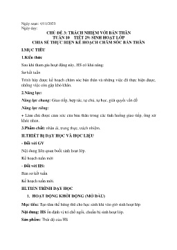 Giáo án Hoạt động trải nghiệm 6 - Tuần 10, Tiết 26: Sinh hoạt lớp Chia sẻ thực hiện kế hoạch chăm sóc bản thân - Năm học 2023-2024