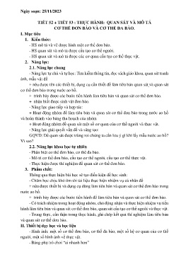 Giáo án Khoa học tự nhiên 6 (Kết nối tri thức) - Tiết 52+53: Thực hành Quan sát và mô tả cơ thể đơn bào và cơ thể đa bào - Năm học 2023-2024