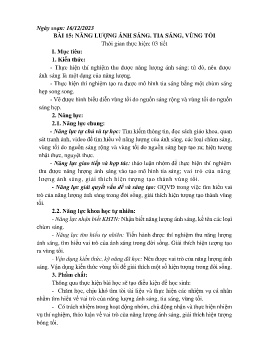 Giáo án Khoa học tự nhiên 7 - Bài 15: Năng lượng ánh sáng. Tia sáng, vùng tối - Năm học 2023-2024