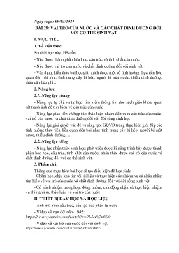 Giáo án Khoa học tự nhiên 7 - Bài 29: Vai trò của nước và các chất dinh dưỡng đối với cơ thể sinh vật - Năm học 2023-2024