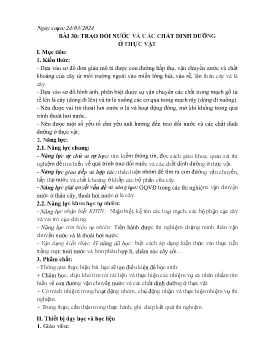 Giáo án Khoa học tự nhiên 7 - Bài 30: Trao đổi nước và các chất dinh dưỡng ở thực vật - Năm học 2023-2024