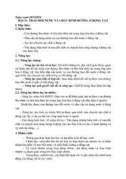Giáo án Khoa học tự nhiên 7 - Bài 31: Trao đổi nước và chất dinh dưỡng ở động vật - Năm học 2023-2024