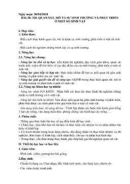 Giáo án Khoa học tự nhiên 7 - Bài 38: Thực hành Quan sát, mô tả sự sinh tưởng và phát triển ở 1 số sinh vật - Năm học 2023-2024