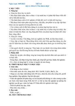 Giáo án Khoa học tự nhiên 8 (Kết nối tri thức) - Tiết 4, Bài 2: Phản ứng hóa học - Năm học 2023-2024