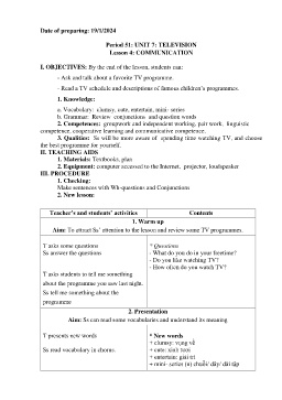 Giáo án Tiếng Anh 6 - Period 51-53, Unit 7: Television - Năm học 2023-2024