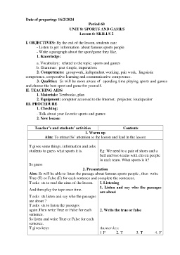Giáo án Tiếng Anh 6 - Tuần 25 - Năm học 2023-2024