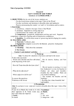 Giáo án Tiếng Anh 6 - Tuần 26 - Năm học 2023-2024