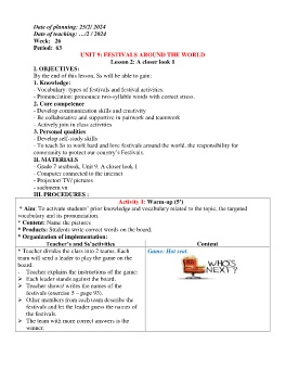 Giáo án Tiếng Anh 7 - Week 26 - Năm học 2023-2024