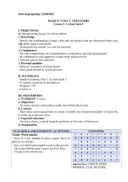 Giáo án Tiếng Anh 8 - Period 17-19, Unit 3: Teenagers - Năm học 2023-2024