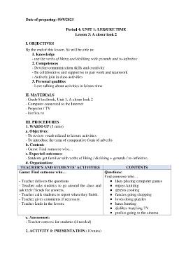 Giáo án Tiếng Anh 8 - Period 4, Unit 1: Leisure time (Lesson 3) - Năm học 2023-2024