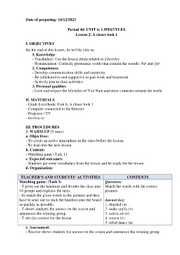 Giáo án Tiếng Anh 8 - Period 40-42, Unit 6: Lifestyles - Năm học 2023-2024