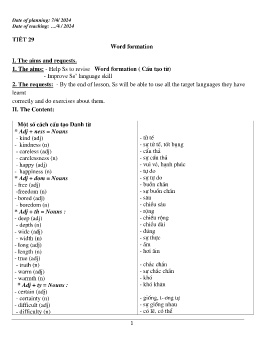 Giáo án Tiếng Anh 9 - Tiết 29: Word formation - Năm học 2023-2024