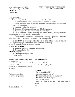 Giáo án Tiếng Anh 9 - Week 26 - Năm học 2023-2024