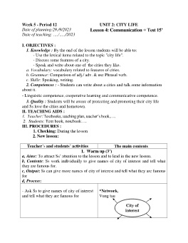 Giáo án Tiếng Anh 9 - Week 5 - Năm học 2023-2024