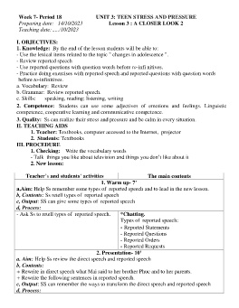 Giáo án Tiếng Anh 9 - Week 7 - Năm học 2023-2024