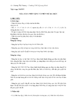 Giáo án Toán 8 (Kết nối tri thức) - Tiết 4, Bài 3: Phép cộng và phép trừ đa thức - Năm học 2023-2024 - Dương Thị Phượng