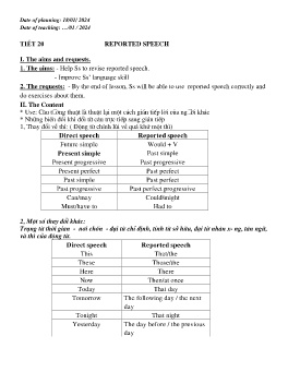 Giáo án Tự chọn Tiếng Anh 9 - Tiết 20: Repoeted speech - Năm học 2023-2024