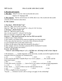 Giáo án Tự chọn Tiếng Anh 9 - Tiết 24: Ing-clause and ed-clause