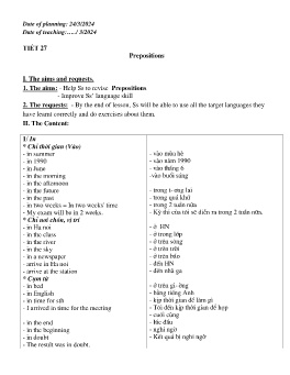 Giáo án Tự chọn Tiếng Anh 9 - Tiết 27: Prepositions - Năm học 2023-2024